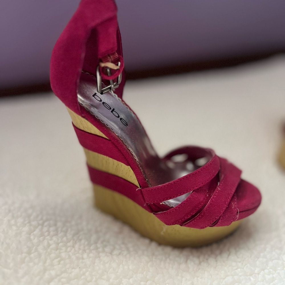 Bebe Fuchsia and Gold Wedge Heels